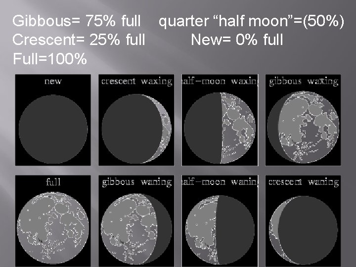 Gibbous= 75% full quarter “half moon”=(50%) Crescent= 25% full New= 0% full Full=100% 