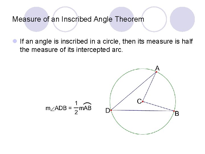 Measure of an Inscribed Angle Theorem l If an angle is inscribed in a