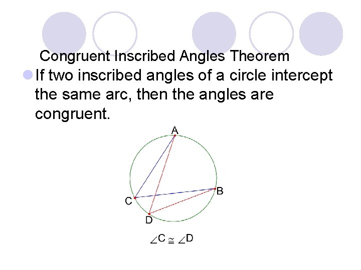 Congruent Inscribed Angles Theorem l If two inscribed angles of a circle intercept the