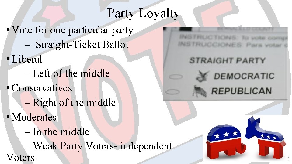 Party Loyalty • Vote for one particular party – Straight-Ticket Ballot • Liberal –