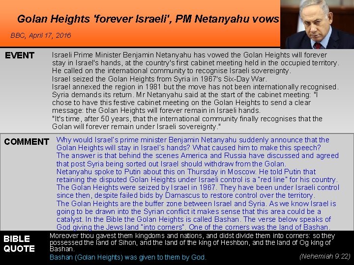 Golan Heights 'forever Israeli', PM Netanyahu vows BBC, April 17, 2016 EVENT Israeli Prime Golan Heights 'forever Israeli', PM Netanyahu vows BBC, April 17, 2016 EVENT Israeli Prime