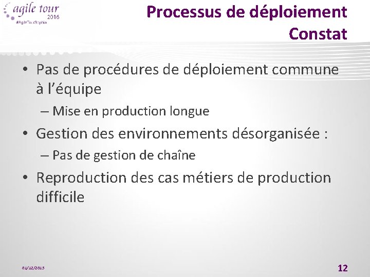 Processus de déploiement Constat • Pas de procédures de déploiement commune à l’équipe –
