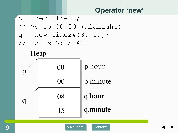 Operator ‘new’ p = new time 24; // *p is 00: 00 (midnight) q Operator ‘new’ p = new time 24; // *p is 00: 00 (midnight) q