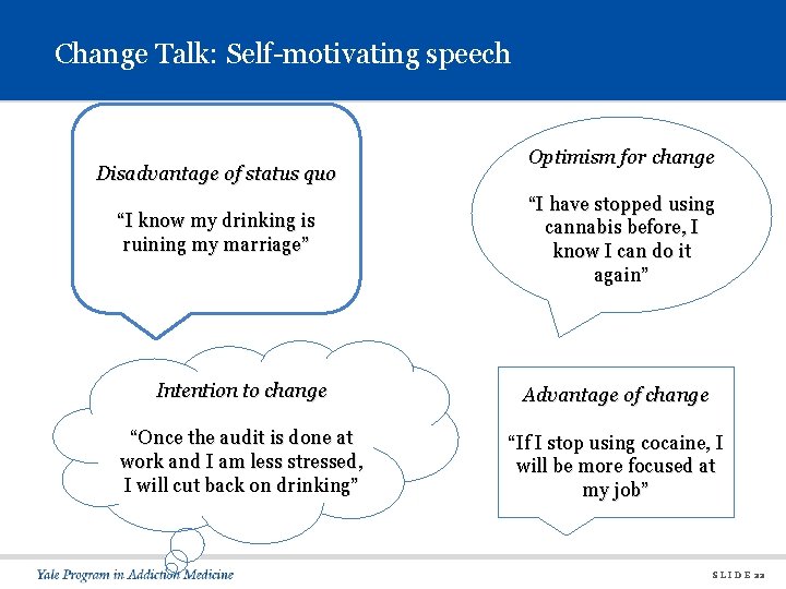 Change Talk: Self-motivating speech Disadvantage of status quo “I know my drinking is ruining
