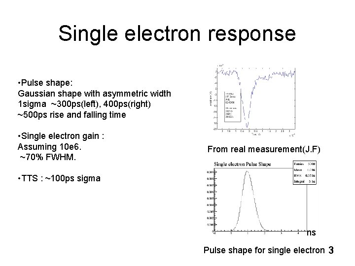 Single electron response • Pulse shape: Gaussian shape with asymmetric width 1 sigma ~300