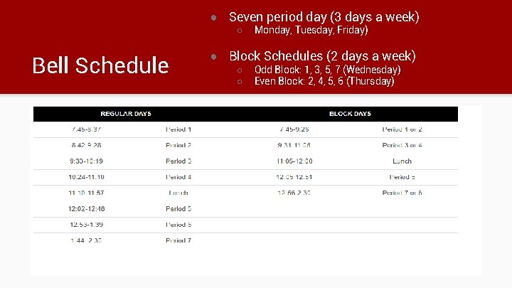 ● Seven period day (3 days a week) ○ Bell Schedule Monday, Tuesday, Friday)