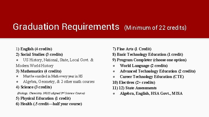 Graduation Requirements 1) English (4 credits) 2) Social Studies (3 credits) ● US History,