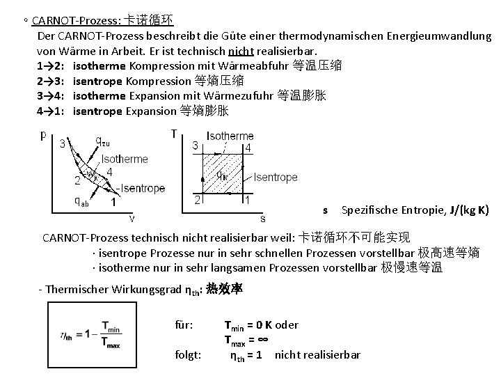 ∘ CARNOT-Prozess: 卡诺循环 Der CARNOT-Prozess beschreibt die Güte einer thermodynamischen Energieumwandlung von Wärme in