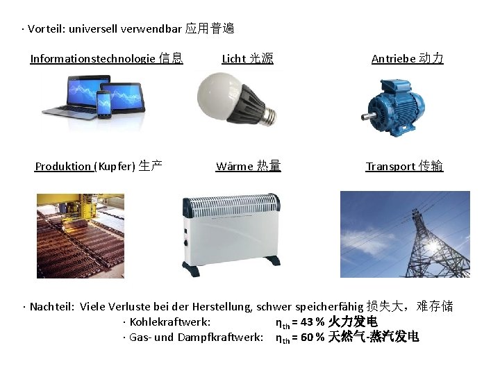 ∙ Vorteil: universell verwendbar 应用普遍 Informationstechnologie 信息 Produktion (Kupfer) 生产 Licht 光源 Antriebe 动力