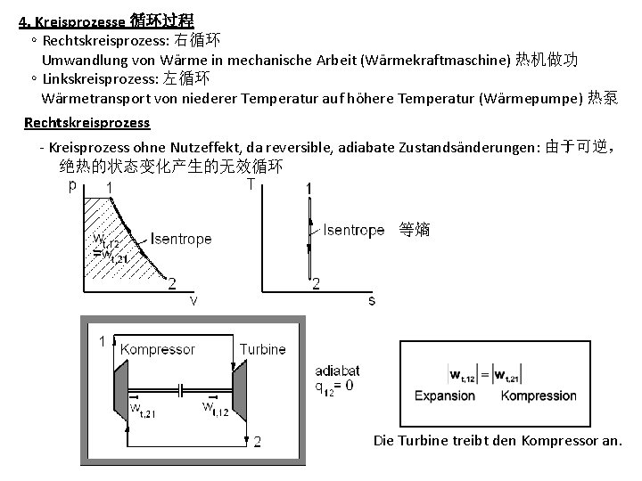 4. Kreisprozesse 循环过程 ∘ Rechtskreisprozess: 右循环 Umwandlung von Wärme in mechanische Arbeit (Wärmekraftmaschine) 热机做功