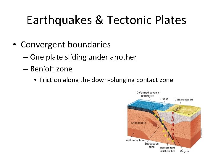 Earthquakes & Tectonic Plates • Convergent boundaries – One plate sliding under another –