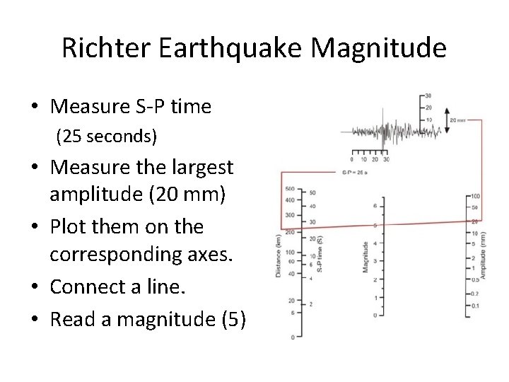 Richter Earthquake Magnitude • Measure S-P time (25 seconds) • Measure the largest amplitude