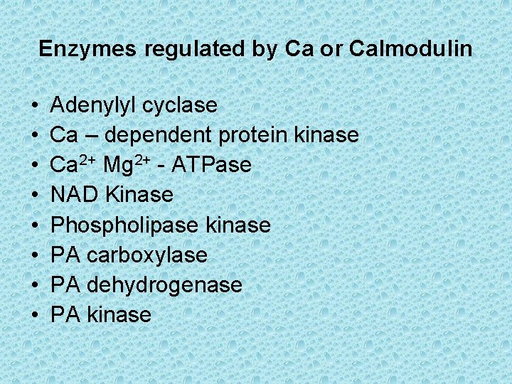 Enzymes regulated by Ca or Calmodulin • • Adenylyl cyclase Ca – dependent protein