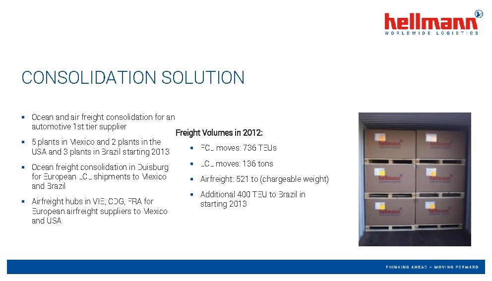CONSOLIDATION SOLUTION § Ocean and air freight consolidation for an automotive 1 st tier