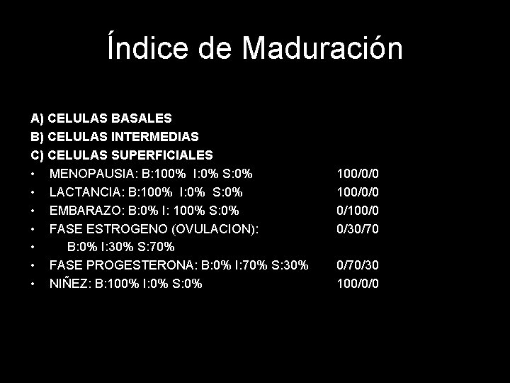 Índice de Maduración A) CELULAS BASALES B) CELULAS INTERMEDIAS C) CELULAS SUPERFICIALES • MENOPAUSIA: