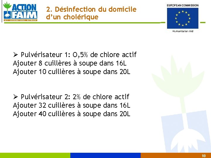 2. Désinfection du domicile d’un cholérique Ø Pulvérisateur 1: O, 5% de chlore actif