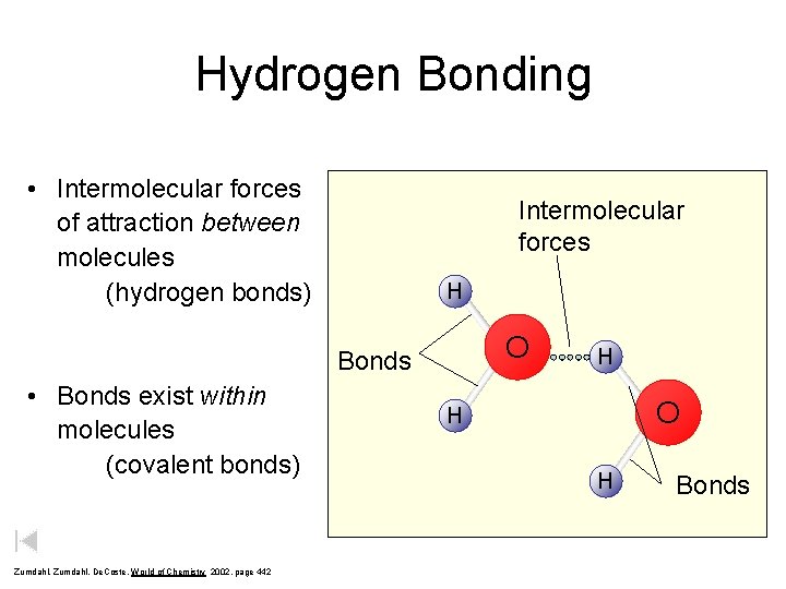 Hydrogen Bonding • Intermolecular forces of attraction between molecules (hydrogen bonds) Intermolecular forces H