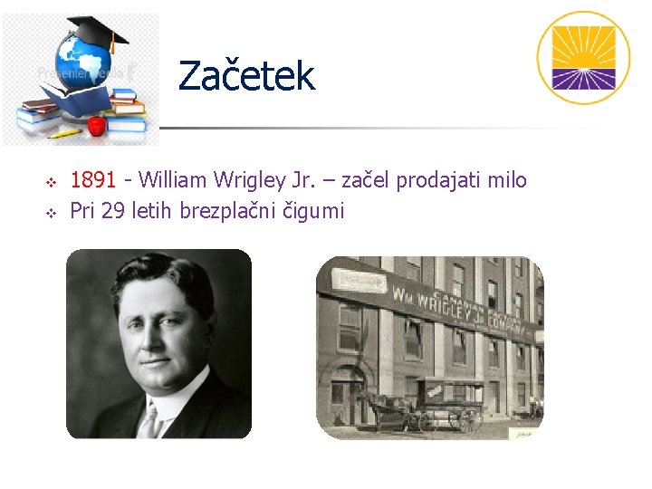 Začetek v v 1891 - William Wrigley Jr. – začel prodajati milo Pri 29 Začetek v v 1891 - William Wrigley Jr. – začel prodajati milo Pri 29