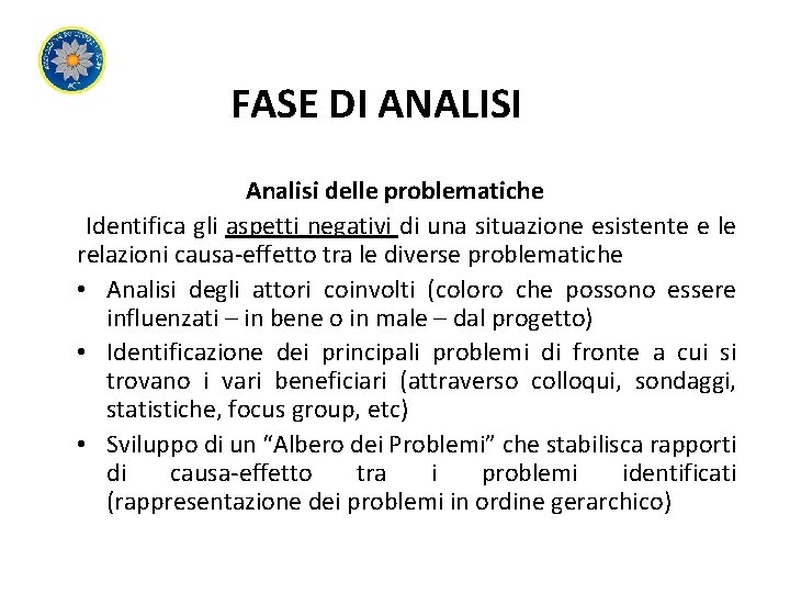 FASE DI ANALISI Analisi delle problematiche Identifica gli aspetti negativi di una situazione esistente