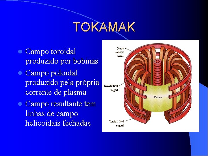 TOKAMAK Campo toroidal produzido por bobinas l Campo poloidal produzido pela própria corrente de