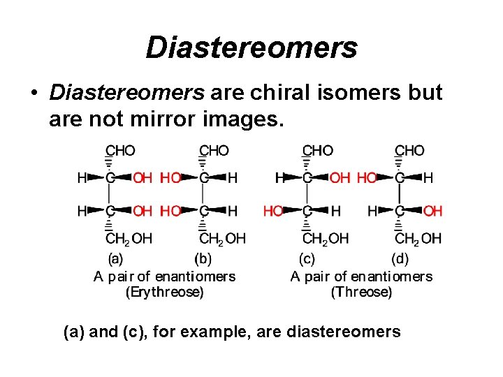 Diastereomers • Diastereomers are chiral isomers but are not mirror images. (a) and (c), Diastereomers • Diastereomers are chiral isomers but are not mirror images. (a) and (c),