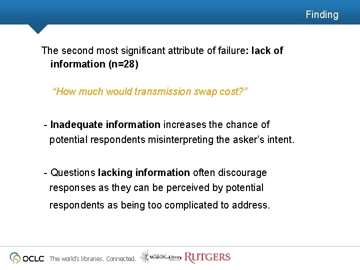 Finding The second most significant attribute of failure: lack of information (n=28) “How much