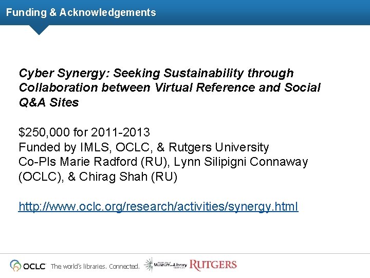 Funding & Acknowledgements Cyber Synergy: Seeking Sustainability through Collaboration between Virtual Reference and Social