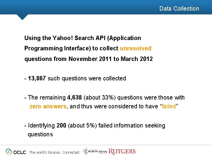 Data Collection Using the Yahoo! Search API (Application Programming Interface) to collect unresolved questions