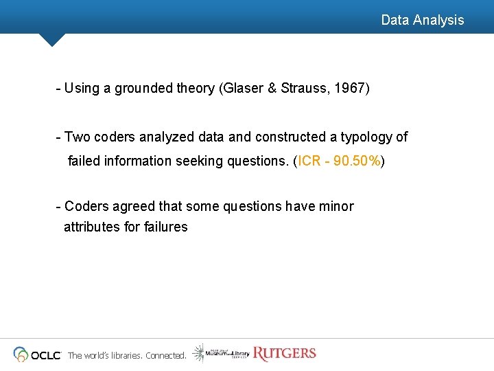 Data Analysis - Using a grounded theory (Glaser & Strauss, 1967) - Two coders