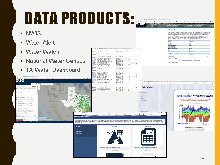 DATA PRODUCTS: • NWIS • Water Alert • Water Watch • National Water Census