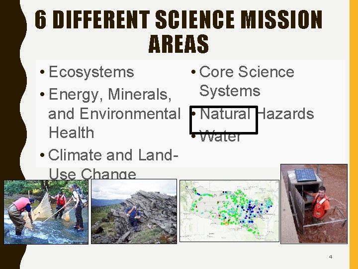 6 DIFFERENT SCIENCE MISSION AREAS • Ecosystems • Energy, Minerals, and Environmental Health •