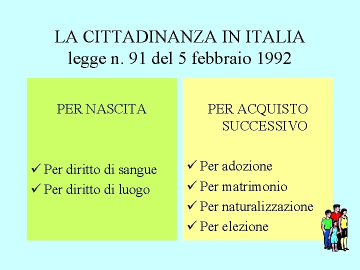 LA CITTADINANZA IN ITALIA legge n. 91 del 5 febbraio 1992 PER NASCITA ü