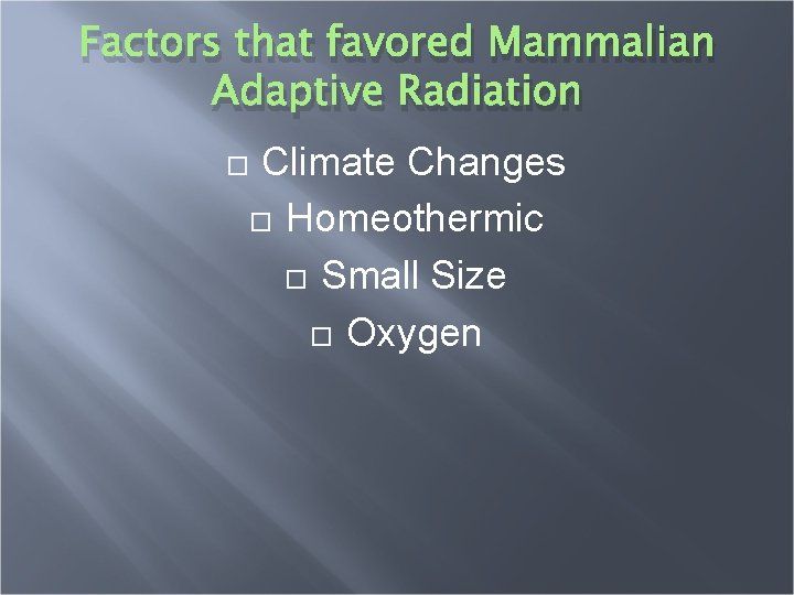 Factors that favored Mammalian Adaptive Radiation Climate Changes Homeothermic Small Size Oxygen 