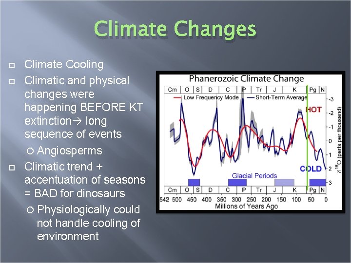 Climate Changes Climate Cooling Climatic and physical changes were happening BEFORE KT extinction long