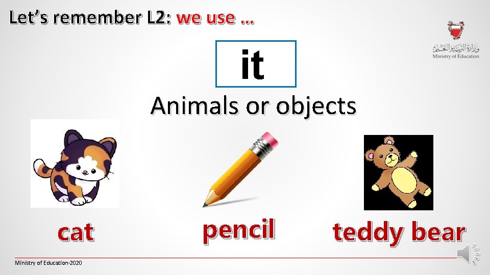 Let’s remember L 2: we use … it Animals or objects cat pencil teddy Let’s remember L 2: we use … it Animals or objects cat pencil teddy