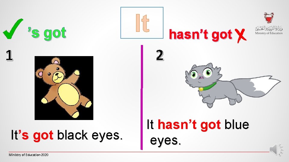 ’s got 1 It’s got black eyes. It hasn’t got 2 It hasn’t got ’s got 1 It’s got black eyes. It hasn’t got 2 It hasn’t got