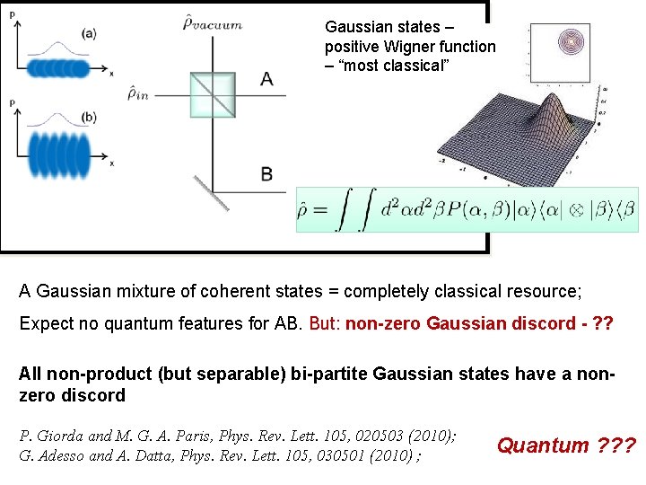Gaussian states – positive Wigner function – “most classical” A Gaussian mixture of coherent Gaussian states – positive Wigner function – “most classical” A Gaussian mixture of coherent