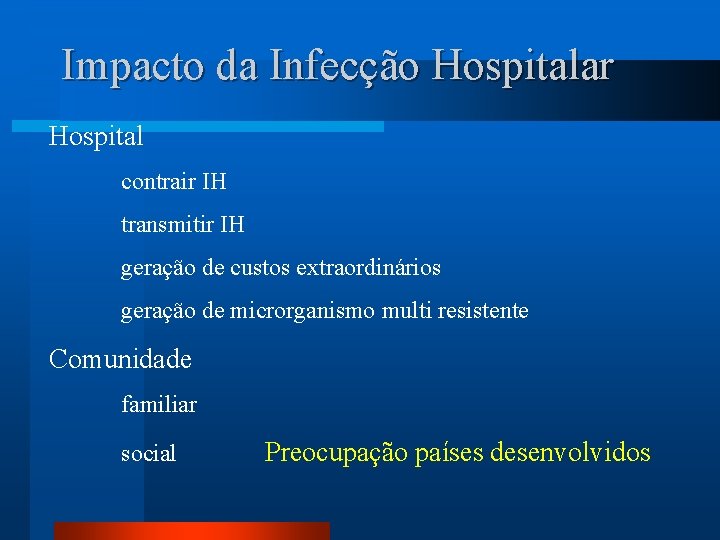 Impacto da Infecção Hospitalar Hospital contrair IH transmitir IH geração de custos extraordinários geração