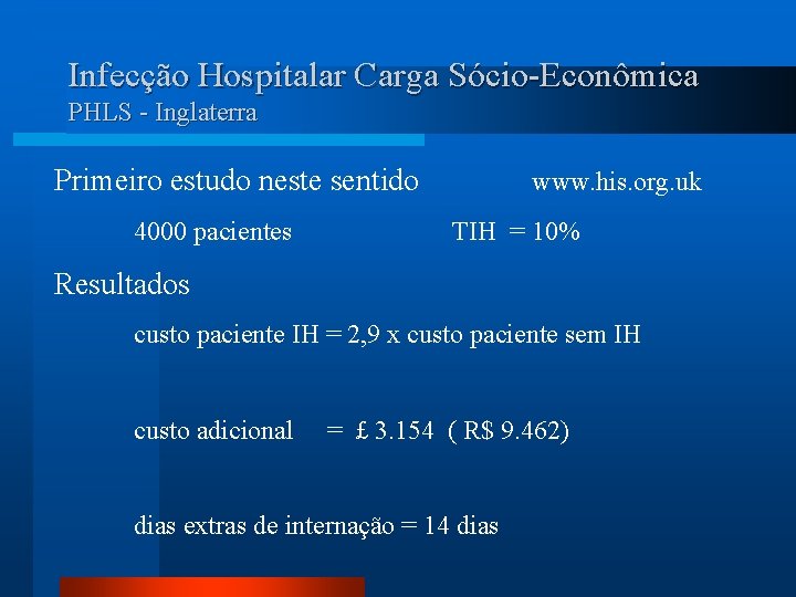 Infecção Hospitalar Carga Sócio-Econômica PHLS - Inglaterra Primeiro estudo neste sentido 4000 pacientes www.