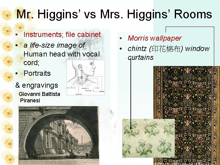 Mr. Higgins’ vs Mrs. Higgins’ Rooms • Instruments; file cabinet • a life-size image