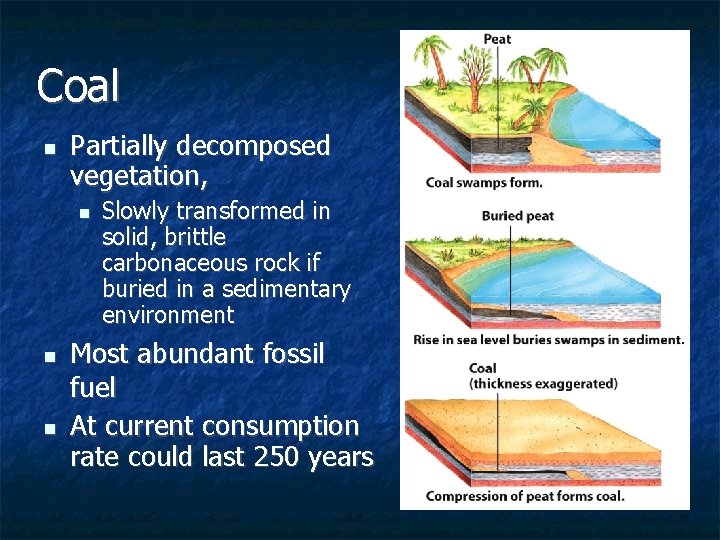 Coal n Partially decomposed vegetation, n n n Slowly transformed in solid, brittle carbonaceous Coal n Partially decomposed vegetation, n n n Slowly transformed in solid, brittle carbonaceous