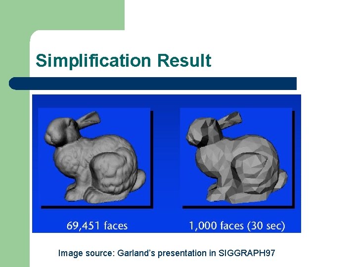 Simplification Result Image source: Garland’s presentation in SIGGRAPH 97 Simplification Result Image source: Garland’s presentation in SIGGRAPH 97