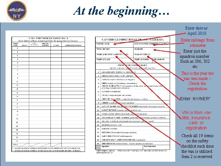 At the beginning… Enter date as: April 2010 Enter mileage from odometer Enter just