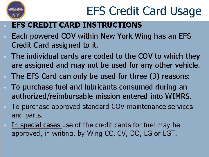 EFS Credit Card Usage • • • EFS CREDIT CARD INSTRUCTIONS Each powered COV