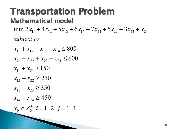 Transportation Problem Mathematical model 15 