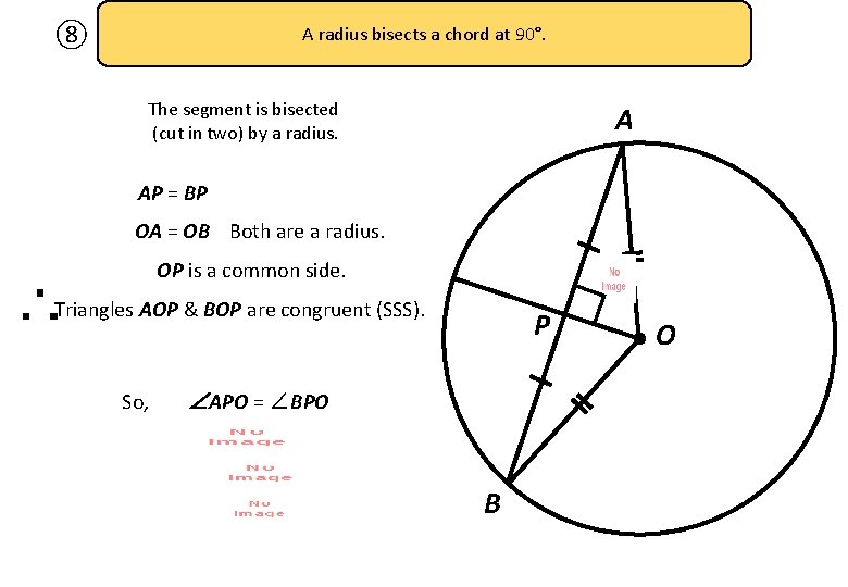 ⑧ A radius bisects a chord at 90°. The segment is bisected (cut in