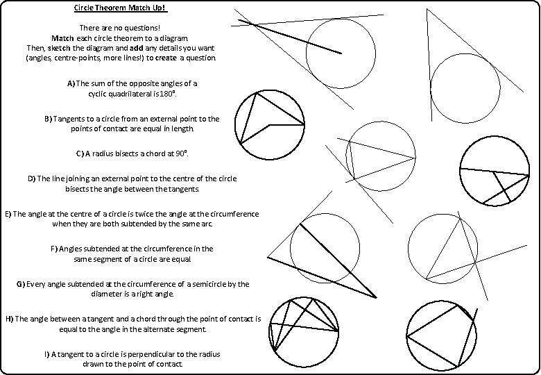 Circle Theorem Match Up! There are no questions! Match each circle theorem to a