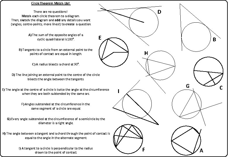 Circle Theorem Match Up! D There are no questions! Match each circle theorem to
