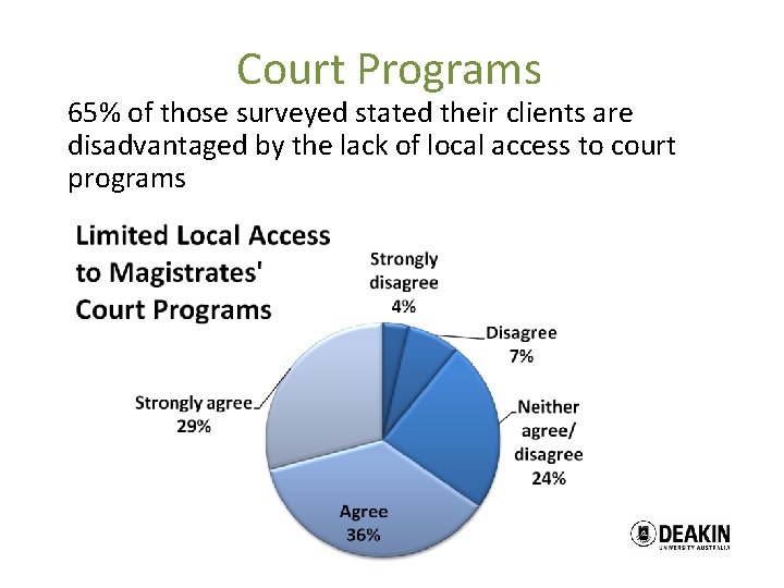 Court Programs 65% of those surveyed stated their clients are disadvantaged by the lack