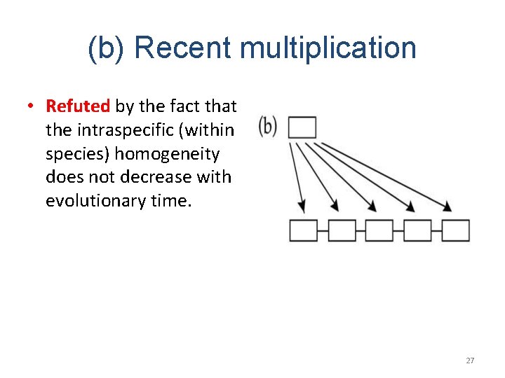 (b) Recent multiplication • Refuted by the fact that the intraspecific (within species) homogeneity (b) Recent multiplication • Refuted by the fact that the intraspecific (within species) homogeneity
